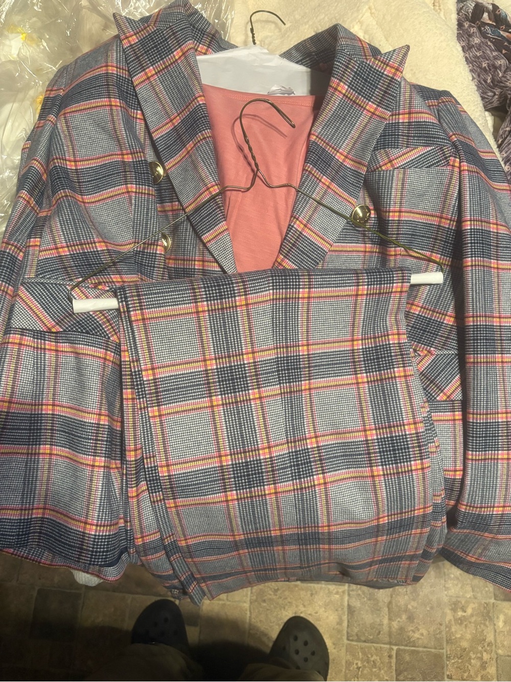 Plaid Double-Breasted Women's Blazer Jacket - Pink & Blue